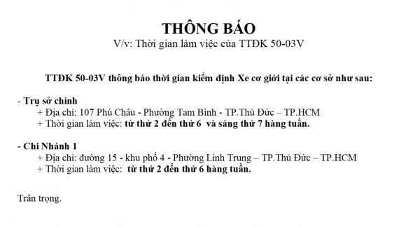 Thông báo thời gian làm việc của TTĐK 50-03V