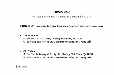 Thông báo thời gian làm việc tại TTĐK 50-03V